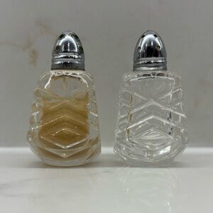 Vintage Clear Glass Salt and Pepper Shaker Set with Silver Tops Miniature
